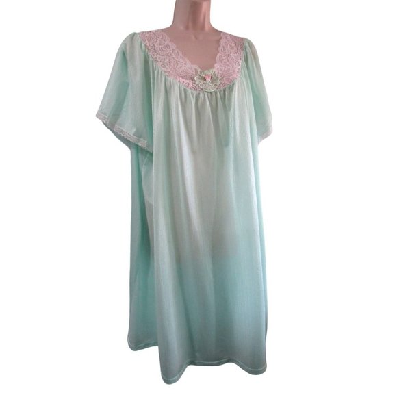 Sears Carriage Court Mint Green Short Night Gown Lace Trim Damask Stripe One Sz - Picture 3 of 16